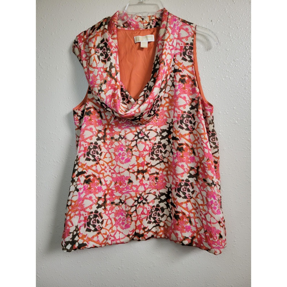 Michael Kors Womens Cowl Neck Abstract Floral Bubble Hem Blouse Orange Pink L